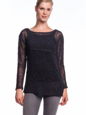 Inhabit Crew Top Charcoal Hi Low Uneven Knit Sweater Gray Long Sleeve
